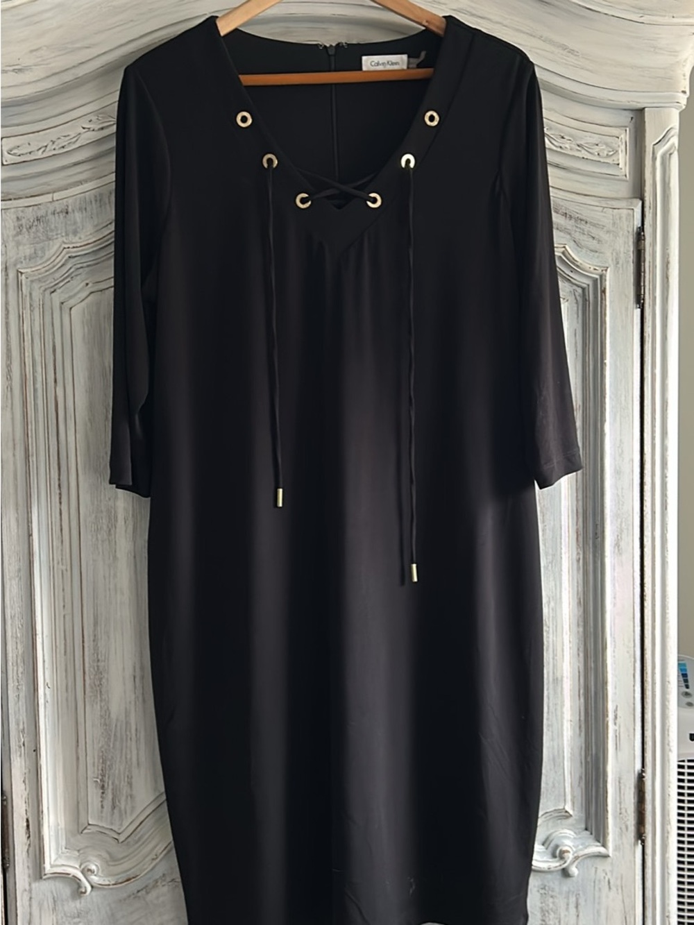 Calvin Klein Black Lace-Up Midi Dress with Gold Eyelets